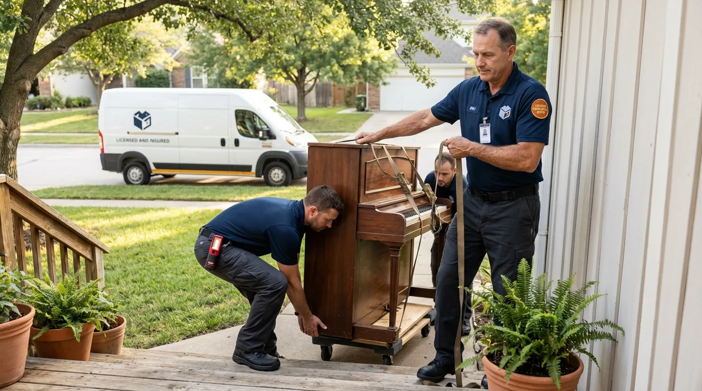 Licensed piano movers securing grand piano in Ceres, CA