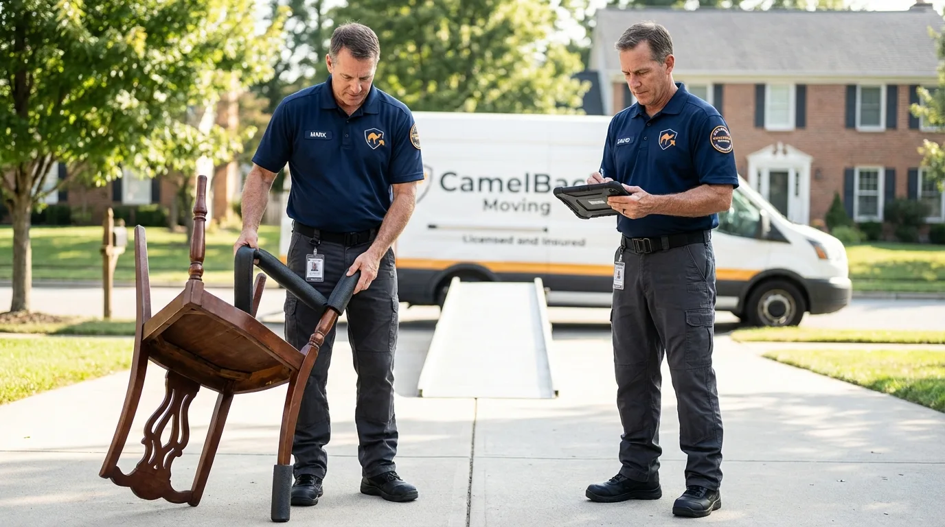 Movers inspecting furniture for damage prevention before loading in Ceres, CA