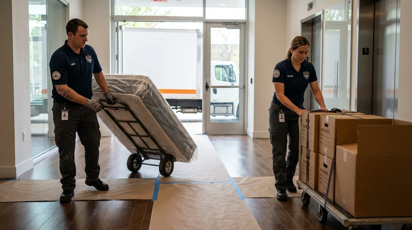 Professional apartment movers loading elevator in Ceres, CA
