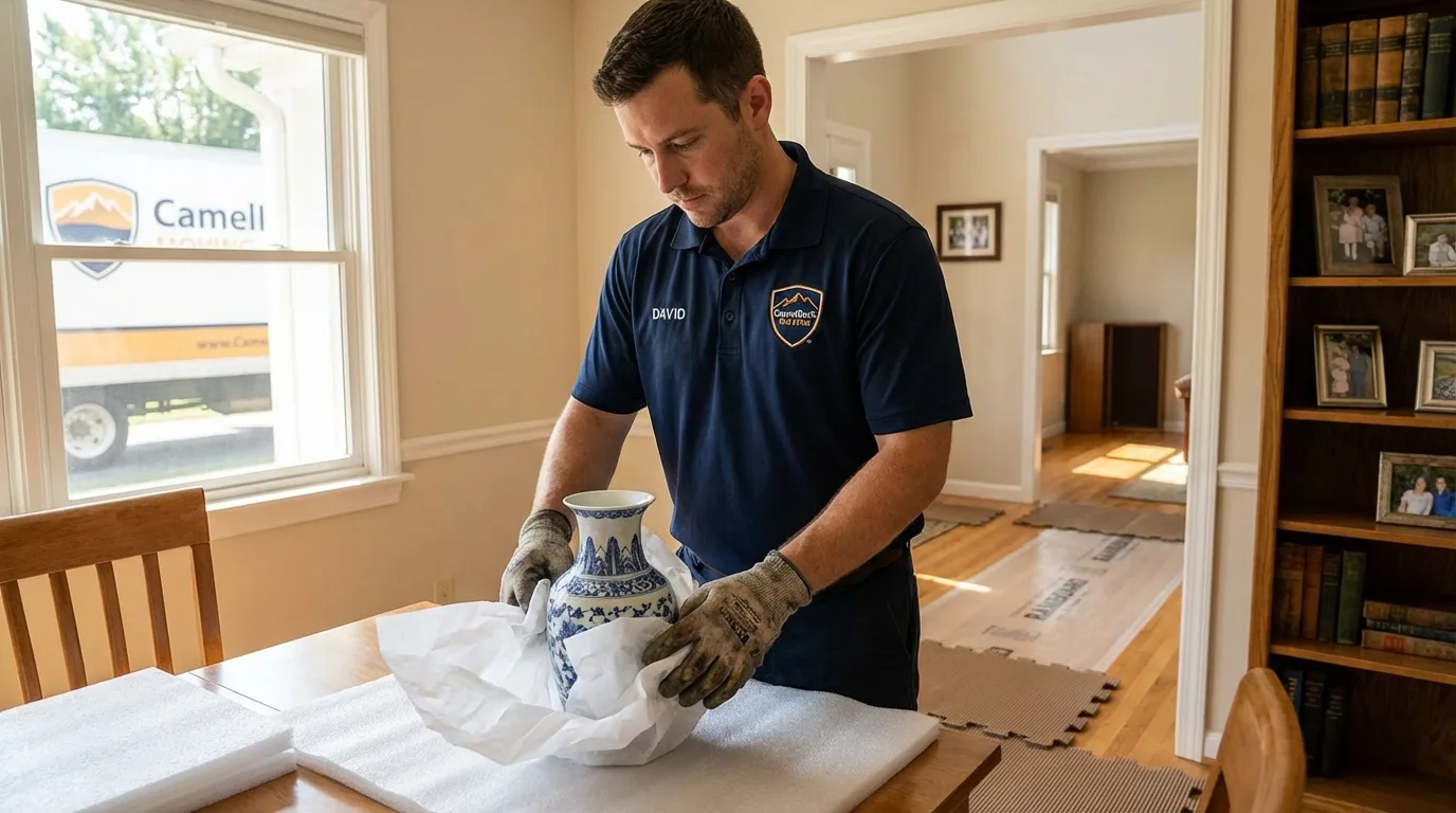 Professional crew carefully wrapping antique vase for senior downsizing move in Ceres, CA